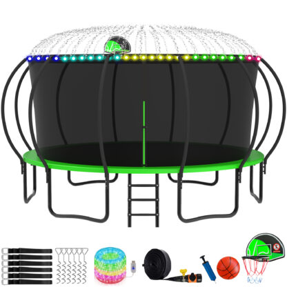KOFUN Trampoline with Basketball Hoop, Enclosure, Light, Sprinkler, Anchors Kit, Ladder, 8FT 10FT 12FT 14FT 15FT 16FT Heavy Duty Backyard Trampoline for Kids and Adults, Green