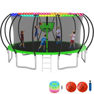 KOFUN Trampoline with Enclosure Net & Light, 16FT 14FT 12FT 10FT Trampoline with Basketball Hoop, Ladder, Heavy Duty Outdoor Backyard Trampolines, Green