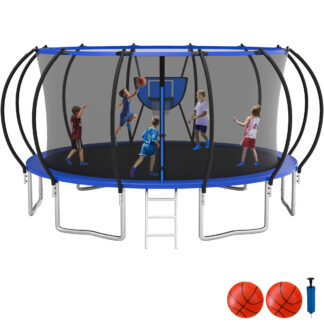 KOFUN Trampoline with Enclosure Net, 16FT 14FT 12FT 10FT Trampoline with Basketball Hoop, Ladder, Heavy Duty Outdoor Backyard Trampolines, Blue