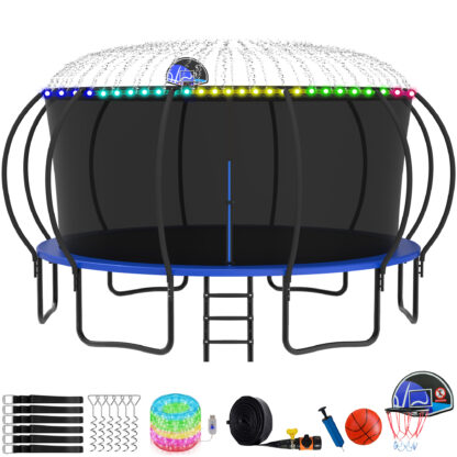 KOFUN Trampoline with Basketball Hoop, Enclosure, Light, Sprinkler, Anchors Kit, Ladder, 8FT 10FT 12FT 14FT 15FT 16FT Heavy Duty Backyard Trampoline for Kids and Adults, Blue