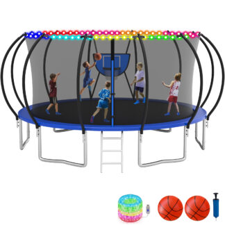 KOFUN Trampoline with Enclosure Net & Light, 16FT 14FT 12FT 10FT Trampoline with Basketball Hoop, Ladder, Heavy Duty Outdoor Backyard Trampolines, Blue