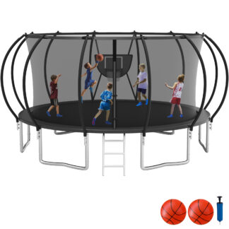 KOFUN Trampoline with Enclosure Net, 16FT 14FT 12FT 10FT Trampoline with Basketball Hoop, Ladder, Heavy Duty Outdoor Backyard Trampolines, Black