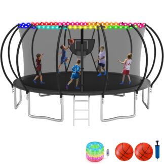 KOFUN Trampoline with Enclosure Net & Light, 16FT 14FT 12FT 10FT Trampoline with Basketball Hoop, Ladder, Heavy Duty Outdoor Backyard Trampolines, Black