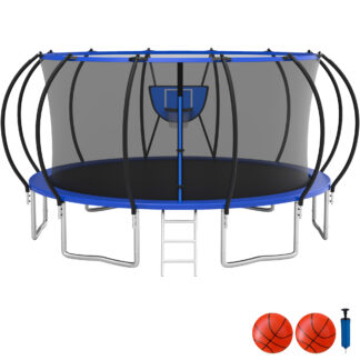 KOFUN Trampoline with Basketball Hoop, 1500lbs 10FT 12FT 14FT 16FT Trampoline for Adults and Kids, No Gap Design Backyard Trampoline with Enclosure Net, Ladder, 2 Balls, Blue
