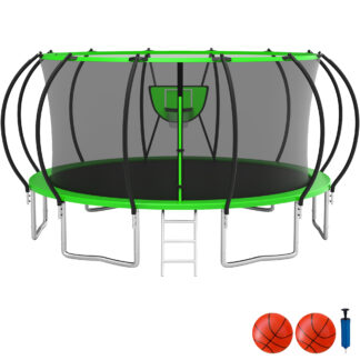 KOFUN Trampoline with Basketball Hoop, 1500lbs 10FT 12FT 14FT 16FT Trampoline for Adults and Kids, No Gap Design Backyard Trampoline with Enclosure Net, Ladder, 2 Balls, Green