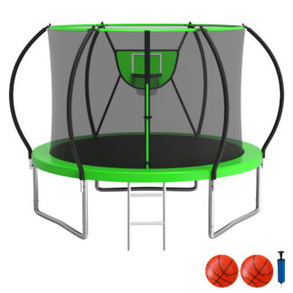 KOFUN Trampoline with Basketball Hoop, 1500lbs 10FT 12FT 14FT 16FT Trampoline for Adults and Kids, No Gap Design Backyard Trampoline with Enclosure Net, Ladder, 2 Balls, Green