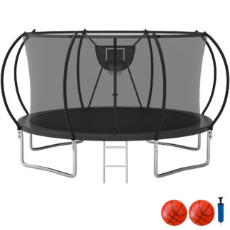 KOFUN Trampoline with Basketball Hoop, 1500lbs 10FT 12FT 14FT 16FT Trampoline for Adults and Kids, No Gap Design Backyard Trampoline with Enclosure Net, Ladder, 2 Balls, Black
