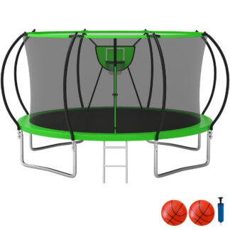KOFUN Trampoline with Basketball Hoop, 1500lbs 10FT 12FT 14FT 16FT Trampoline for Adults and Kids, No Gap Design Backyard Trampoline with Enclosure Net, Ladder, 2 Balls, Green
