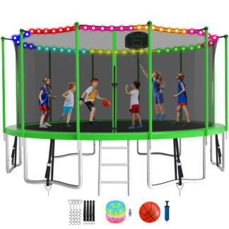 KOFUN 1500LBS 16FT Trampoline with Light, Heavy Duty Trampoline for Kids and Adults, Backyard Trampoline with Safety Enclosure Net, Basketball Hoop, 4 Anchor Kits, Ladder, A Ball, Green