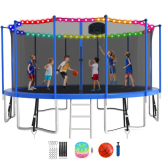 KOFUN 1500LBS 16FT Trampoline with Light, Heavy Duty Trampoline for Kids and Adults, Backyard Trampoline with Safety Enclosure Net, Basketball Hoop, 4 Anchor Kits, Ladder, A Ball, Blue