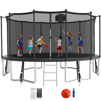 KOFUN 1500LBS 16FT Trampoline for Kids and Adults Outdoor Backyard Trampoline with Safety Enclosure Net, Basketball Hoop, 4 Anchor Kits, Ladder, A Ball, Black