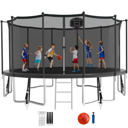 KOFUN 1500LBS 16FT Trampoline for Kids and Adults Outdoor Backyard Trampoline with Safety Enclosure Net, Basketball Hoop, 4 Anchor Kits, Ladder, A Ball, Black