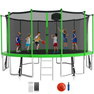 KOFUN 1500LBS 16FT Trampoline for Kids and Adults Outdoor Backyard Trampoline with Safety Enclosure Net, Basketball Hoop, 4 Anchor Kits, Ladder, A Ball, Green
