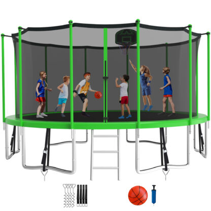 KOFUN 1500LBS 16FT Trampoline for Kids and Adults Outdoor Backyard Trampoline with Safety Enclosure Net, Basketball Hoop, 4 Anchor Kits, Ladder, A Ball, Green