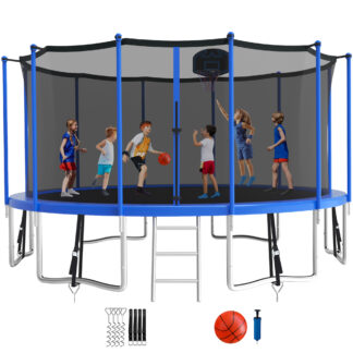KOFUN 1500LBS 16FT Trampoline for Kids and Adults Outdoor Backyard Trampoline with Safety Enclosure Net, Basketball Hoop, 4 Anchor Kits, Ladder, A Ball, Blue