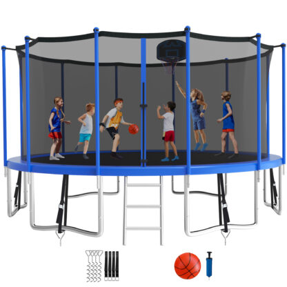 KOFUN 1500LBS 16FT Trampoline for Kids and Adults Outdoor Backyard Trampoline with Safety Enclosure Net, Basketball Hoop, 4 Anchor Kits, Ladder, A Ball, Blue