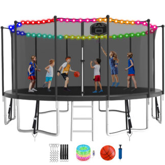KOFUN 1500LBS 16FT Trampoline with Light, Heavy Duty Trampoline for Kids and Adults, Backyard Trampoline with Safety Enclosure Net, Basketball Hoop, 4 Anchor Kits, Ladder, A Ball, Black