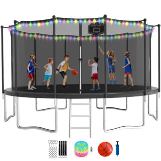 KOFUN Trampoline for Adults and Kids, 16FT 15FT 14FT 12FT 10FT 8FT Trampoline with Basketball Hoop, Enclosure Net, Ladder, Light, Anchor Kits, Heavy Duty Outdoor Backyard Trampolines, Black