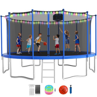 KOFUN Trampoline for Adults and Kids, 16FT 15FT 14FT 12FT 10FT 8FT Trampoline with Basketball Hoop, Enclosure Net, Ladder, Light, Anchor Kits, Heavy Duty Outdoor Backyard Trampolines, Blue