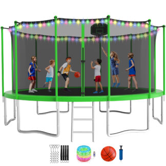 KOFUN Trampoline for Adults and Kids, 16FT 15FT 14FT 12FT 10FT 8FT Trampoline with Basketball Hoop, Enclosure Net, Ladder, Light, Anchor Kits, Heavy Duty Outdoor Backyard Trampolines, Green