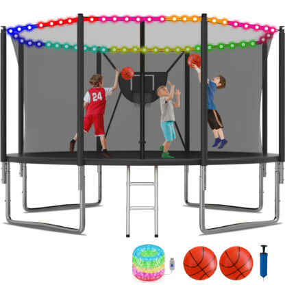 KOFUN 1200LBS 12FT Trampoline for Kids and Adults Outdoor Backyard Trampoline with Safety Enclosure Net, Removable Basketball Hoop, Ladder, Light, 2 Balls, Black