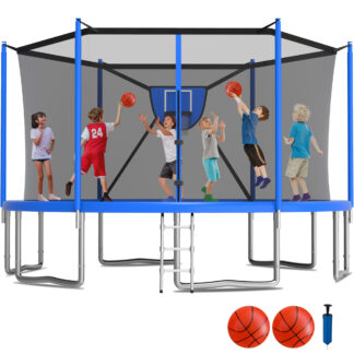 KOFUN 1500LBS 16FT Trampoline for Kids and Adults Outdoor Backyard Trampoline with Safety Enclosure Net, Removable Basketball Hoop, Ladder, 2 Balls, Blue