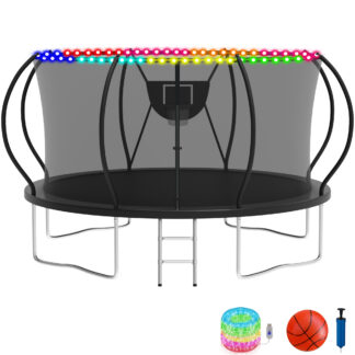 KOFUN Trampoline with Basketball Hoop & Light, 1500lbs 8FT 10FT 12FT 14FT 16FT Trampoline for Adults and Kids, No Gap Design Backyard Trampoline with Enclosure Net, Ladder, A Ball, Black